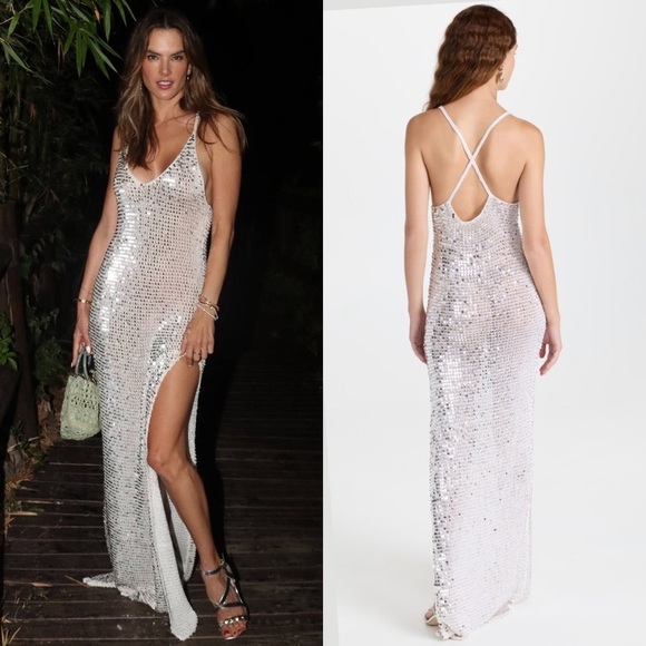 NWT RETROFETE Sequined Crochet Plunge V-Neck Cross Back Sleeveless Maxi Dress XS - Picture 13 of 16